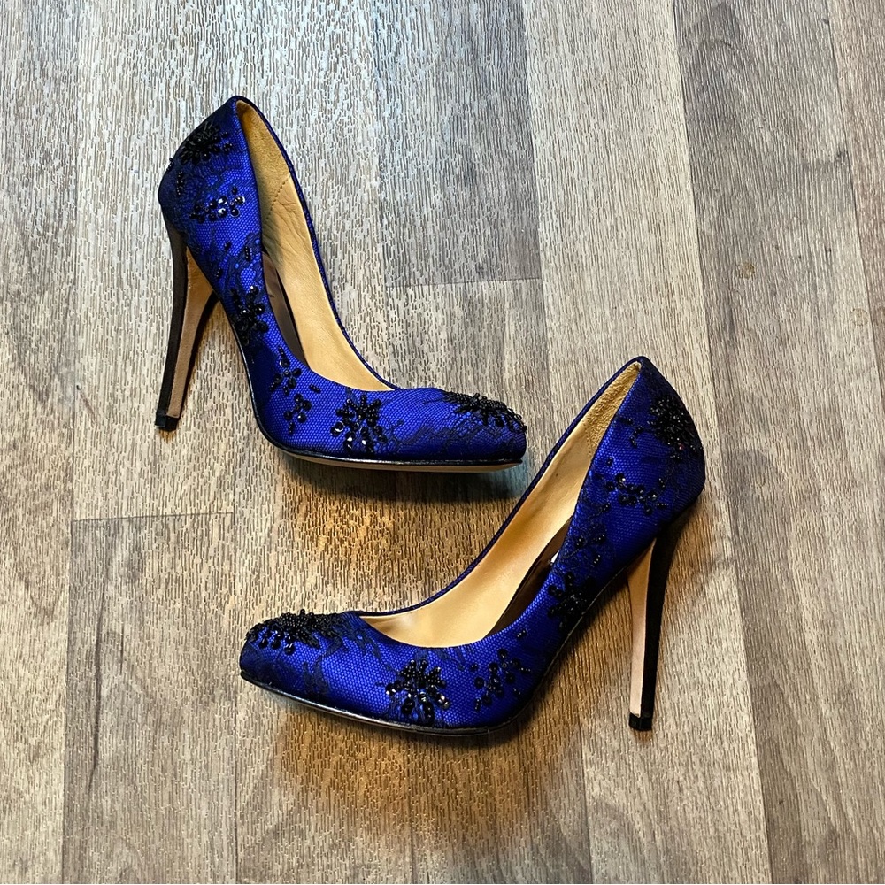 Badgley Mischka Royal Blue Beaded Satin Pumps